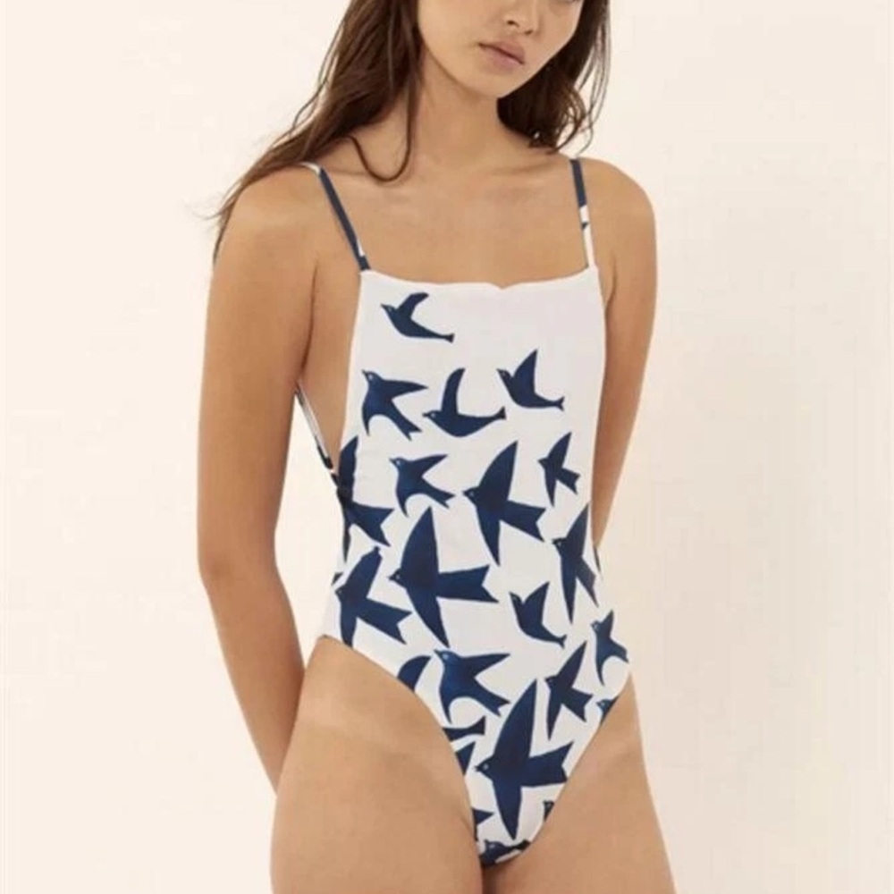 Mara Hoffman Navy and White Bird Print One Piece Swimsuit Size Small. NWT